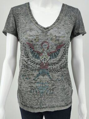 Y2K Aesthetic Crash & Burn Rhinestone Embellished Burnout V-Neck T-Shirt (8/M)